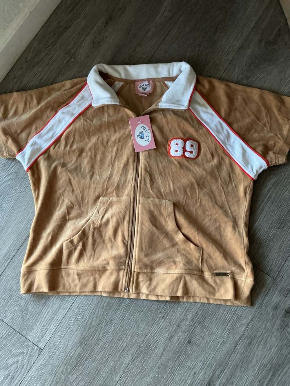 Cali Cat Women's Brown Velour Zip-Up Short Sleeve Jacket with 89 Patch